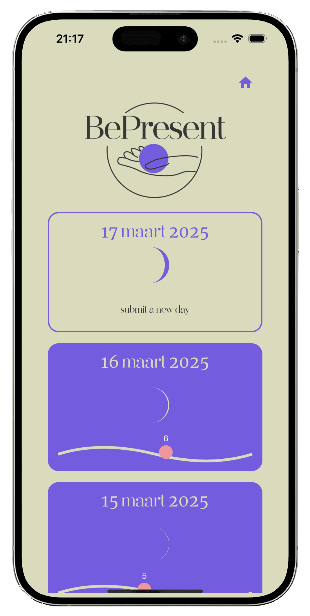 BePresent on iPhone: a timeline of journal days, each with its moon phase and a mood score out of 10