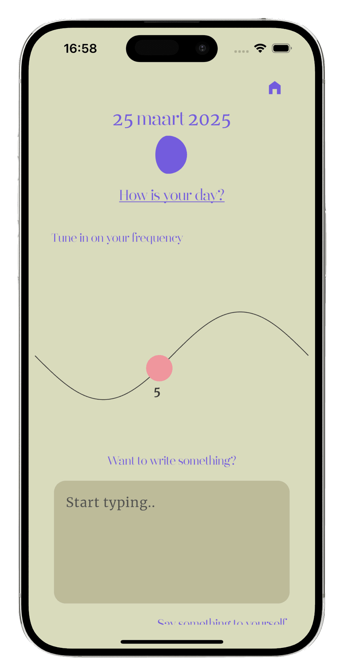 BePresent check-in screen asking “How is your day?” with a wave slider set to 5 and a text field